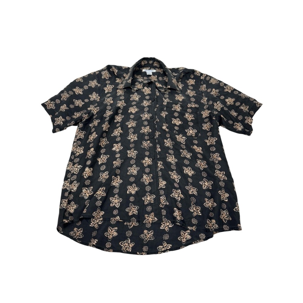 Ship'n Shore 100% Silk Blouse‎ Black Tan Abstract Floral Button Front Top Medium